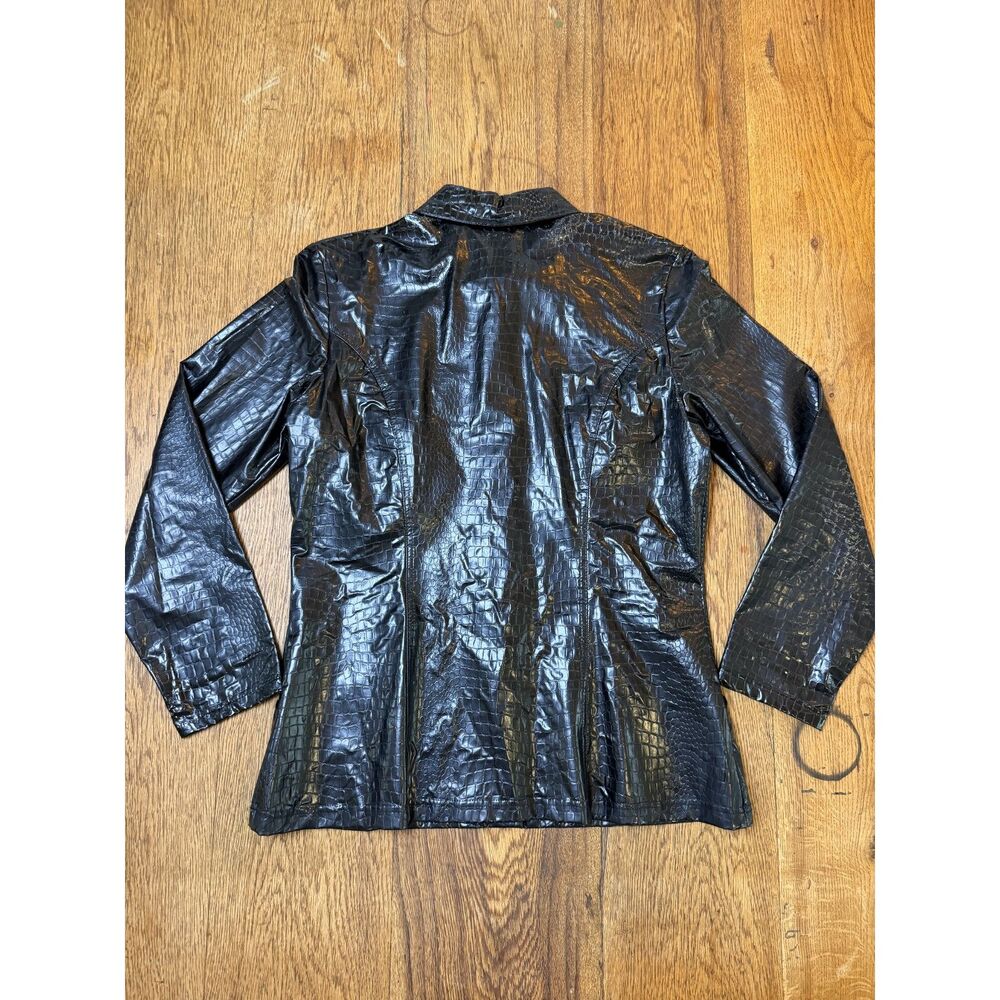 Vintage Betsey Johnson Black Croc Embossed Faux Leather Snap Jacket Y2K